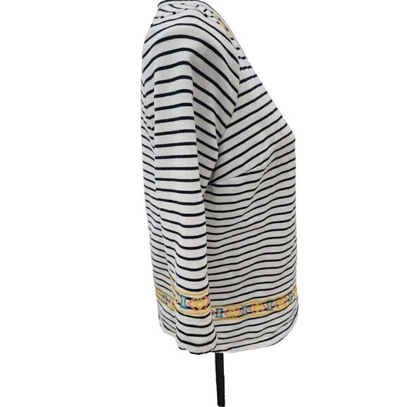 Pomelo Aztec Embroidered Top 3/4 Sleeve White & Black Striped Top Women's Medium - Picture 6 of 9